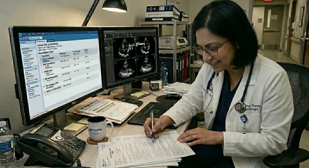 Cardiologist analysing patient records and cardiac ultrasound images on a computer while completing a medical report for heart screening