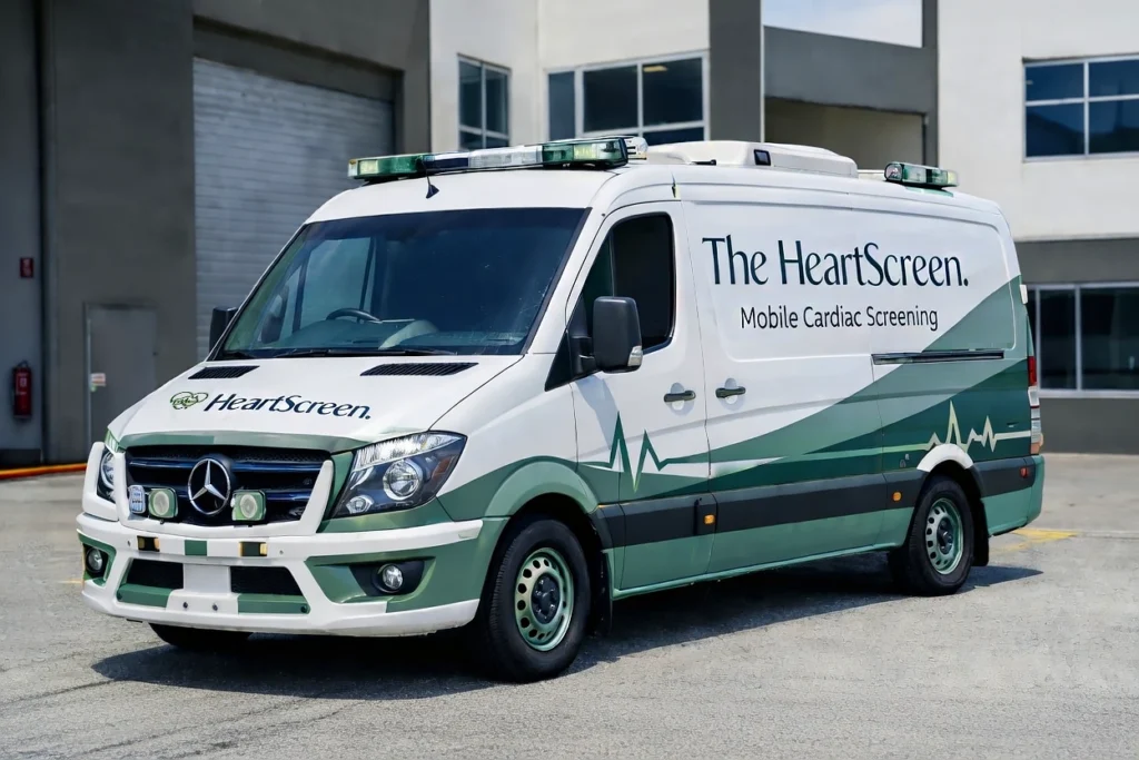 The Heart Screen mobile cardiac screening van parked outside a clinic, equipped for on-site heart diagnostic services in Australia